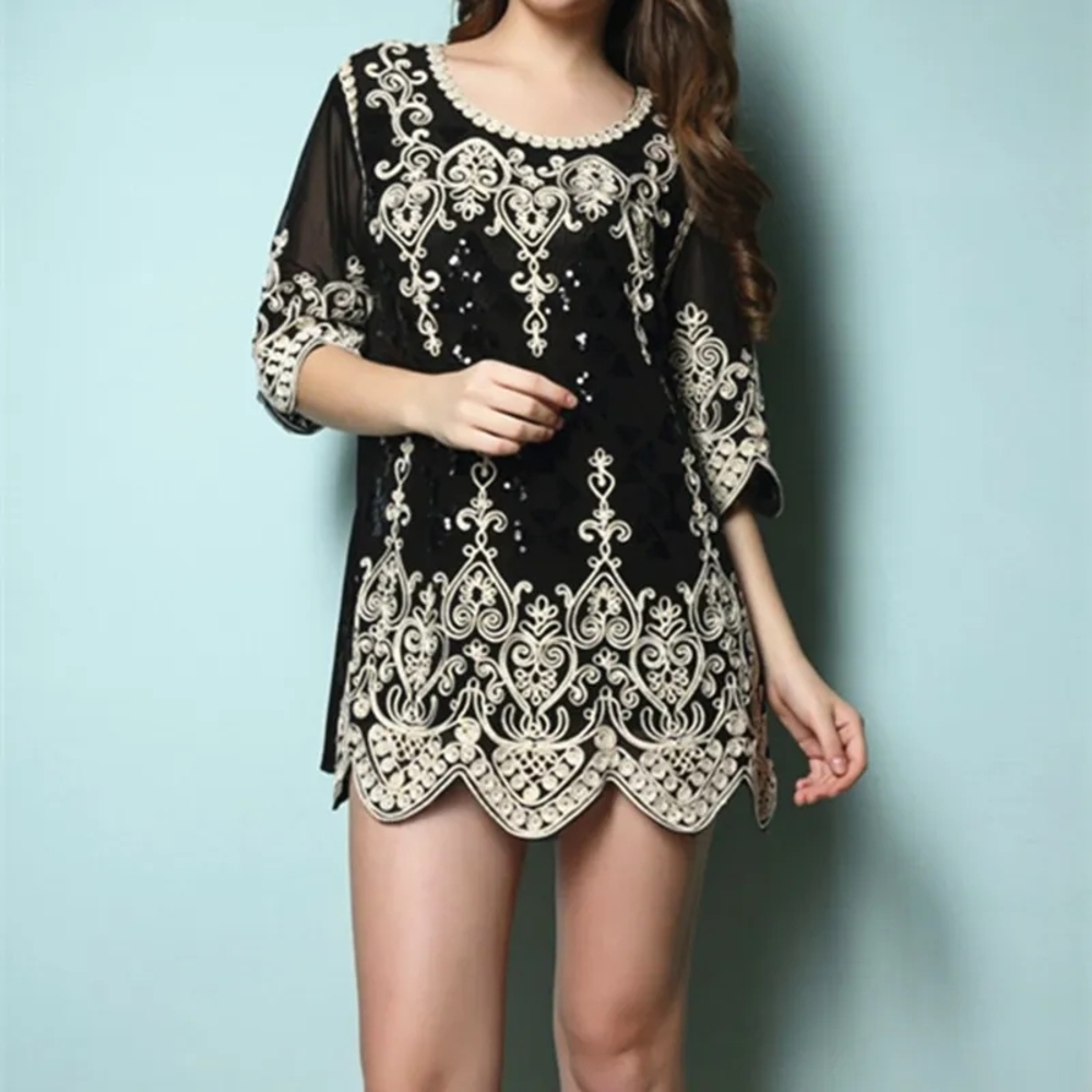 Elegant Black and Cream Embroidered Women's Mini Dress/long Top